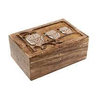Box, mango wood, 3 owls 15x10x6cm