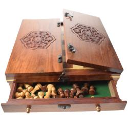 Luxury sheesham wooden chess set, lid to protect board, pieces in drawer 27x27x7