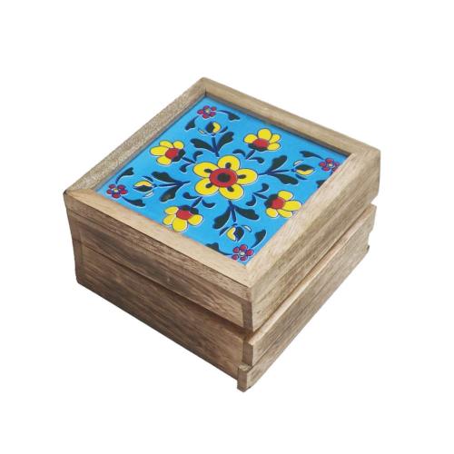 Secret Lock Box Mango Wood with Tile - Floral on Blue