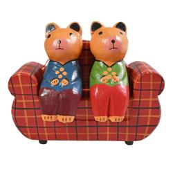 2 bears on a tartan sofa hand carved Albesia wood, 12 x 8 x 5 cm