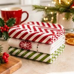 3 Christmas Tea Towels Gift Set Bauble Recycled Cotton