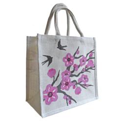 Jute shopping bag, square, cherry tree with swallows