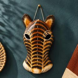 Mask Albesia Wood Big Cat Orange Black Stripes 20cm