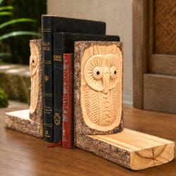 Hand-Carved Owl Bookends Jempinis Wood