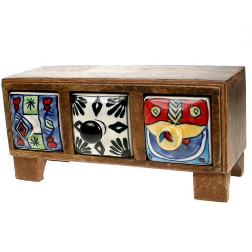 Wooden mini chest, 3 ceramic drawers