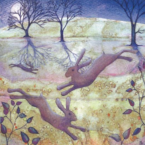 Greetings card moonlight hares 16x16cm