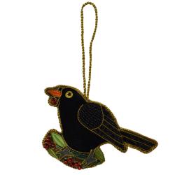 Hanging decoration, embroidered velvet, blackbird