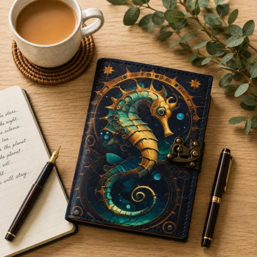 Notebook with Clasp Leather Bound Seahorse 13 x 18cm