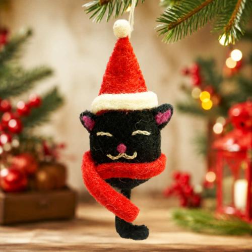 Hanging Decoration Handcrafted Felt Black Cat Red Hat 3x15cm