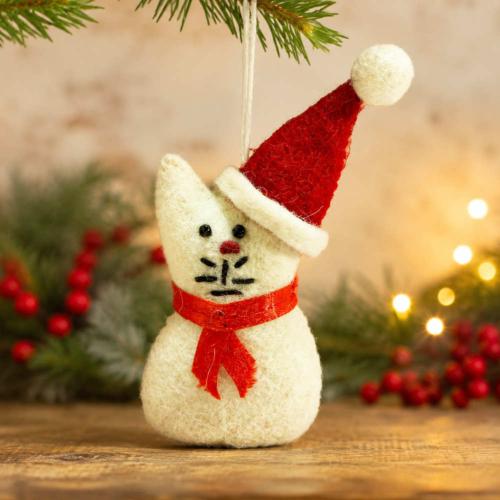 Hanging Decoration Handcrafted Felt Christmas Cat 6x11cm