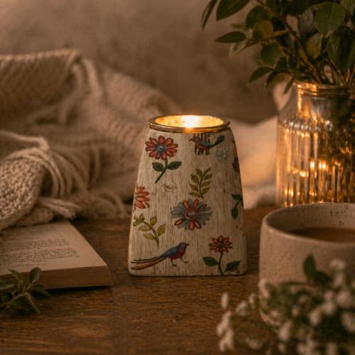 Tealight Candle Holder Hand Painted Wood Floral 9x9x10cm