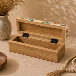 Pen Pencil Trinket Box Handpainted Wood Floral Bird 20x6x6cm