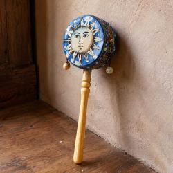 Rattle Albesia Wood Sun Face Light Brown Handle