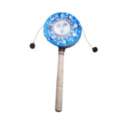 Hand Rattle Wooden Sun Face on Blue