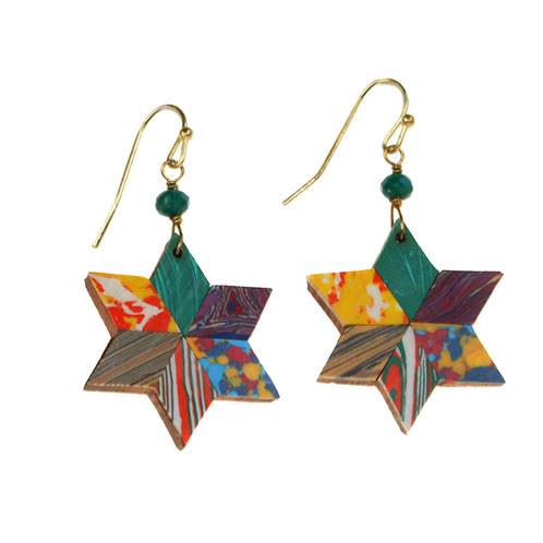 Earrings, multi coloured star, painted clay