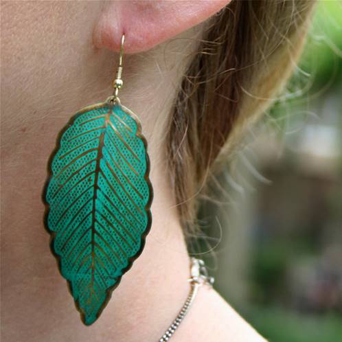 Earrings, turquoise large leaves