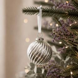 Glass Bauble Round Swirly Pattern 7.5cm Silver Colour