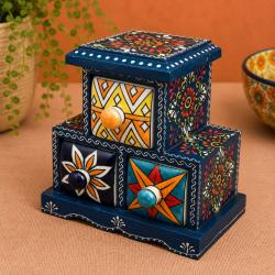 Mini Chest Mango Wood Blue 3 Ceramic Drawers 17x10x19cm