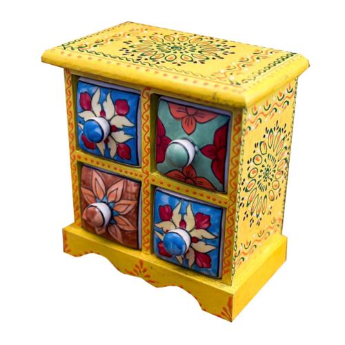 Mini Chest Mango Wood Yellow 4 Ceramic Drawers 17x10x17cm