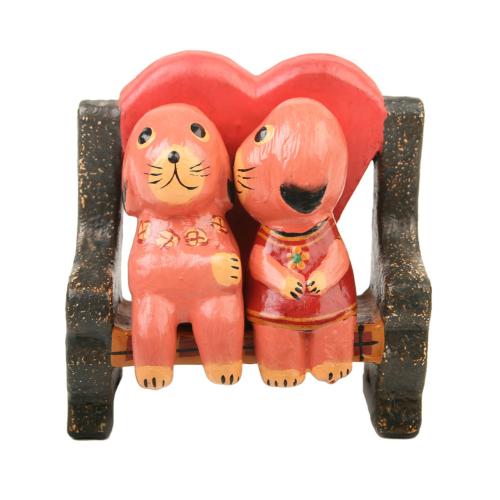 2 Dogs on a seat with heart on back, hand carved from Albesia wood