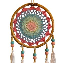 Dreamcatcher on bamboo frame, white tassels, pink turquoise yellow inner, diameter 17cm