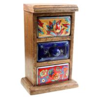 Wooden mini chest, 3 ceramic drawers