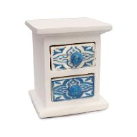 Wooden mini chest blue & white, 2 ceramic drawers