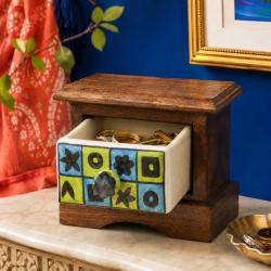 Mini Chest Mango Wood 1 Ceramic Drawer Lime / Blue 16x12x10cm