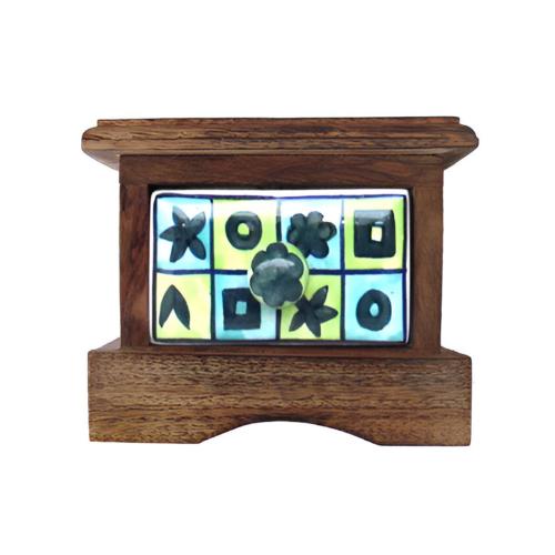 Mini Chest Mango Wood 1 Ceramic Drawer Lime / Blue 16x12x10cm