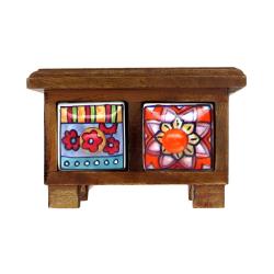 Mini Chest Mango Wood 2 Ceramic Drawers Reds 17x11x10cm