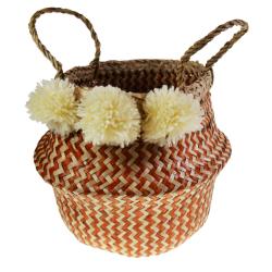 Woven seagrass basket with pompoms, natural & tan 25cm