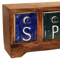 Eco-friendly mango wood and ceramic spice chest/cabinet 'SPICY' 41x13.5x9cm