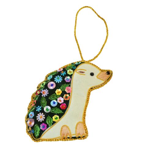 Hanging decoration, embroidered velvet, hedgehog