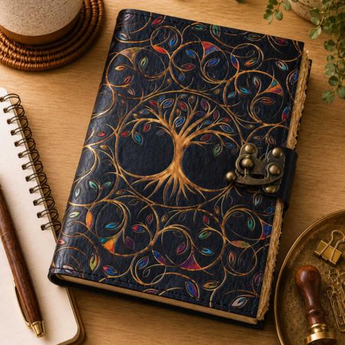 Notebook Leather Tree of Life with Coloured Leaves 13 x 18cm