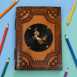 Notebook Leather Bound Old World with Metal Horse 13 x 18cm