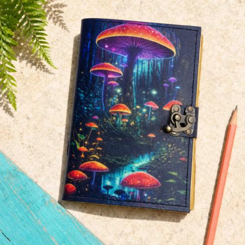 Notebook with Clasp Leather Bound Toadstools 13 x 18cm