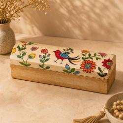 Pen Pencil Trinket Box Handpainted Wood Floral Bird 20x6x6cm