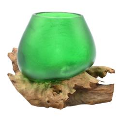 Shaped green bowl on wood, recycled glass approx 17-21cm