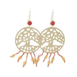 Earrings, brass tree of life, beaded strings