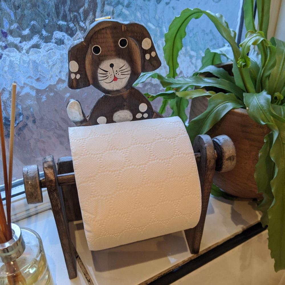 Wooden toilet roll holder, dog