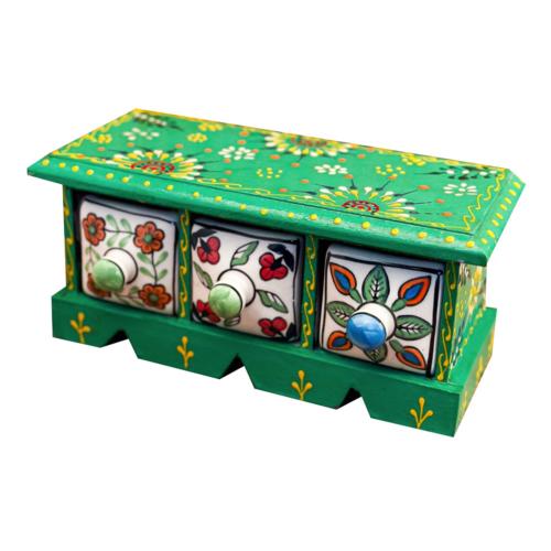 Mini Chest Mango Wood Green 3 Ceramic Drawers 23x10x10cm