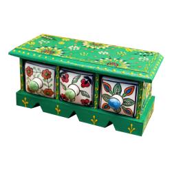 Mini Chest Mango Wood Green 3 Ceramic Drawers 23x10x10cm