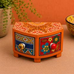 Mini Chest Curved Mango Wood Orange 2 Ceramic Drawers 22x14x14cm