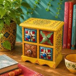 Mini Chest Mango Wood Yellow 4 Ceramic Drawers 17x10x17cm