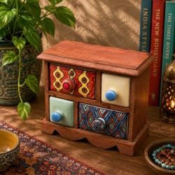 Mini Chest Mango Wood 4 Ceramic Drawers 20.5x10x17cm