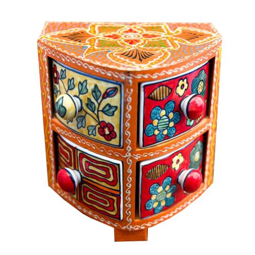 Mini Chest Mango Wood Curved Orange 4 Ceramic Drawers 21x15x24cm