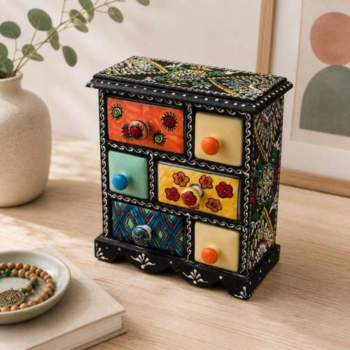 Mini Chest Mango Wood Black 6 Ceramic Drawers 20x10x23cm