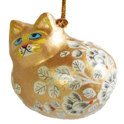 Hanging cat decoration, flowers on gold, papier maché