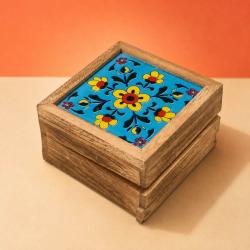 Secret Lock Box Mango Wood with Tile - Floral on Blue