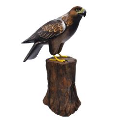Golden eagle on tree trunk, hand carved and painted 14 x 22 x 30cm